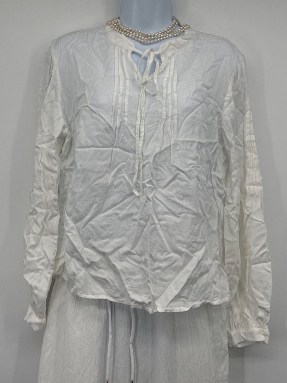 MOTF Premium White Pintuck Blouse Boho Cottagecore Tie Neck Peasant Top L